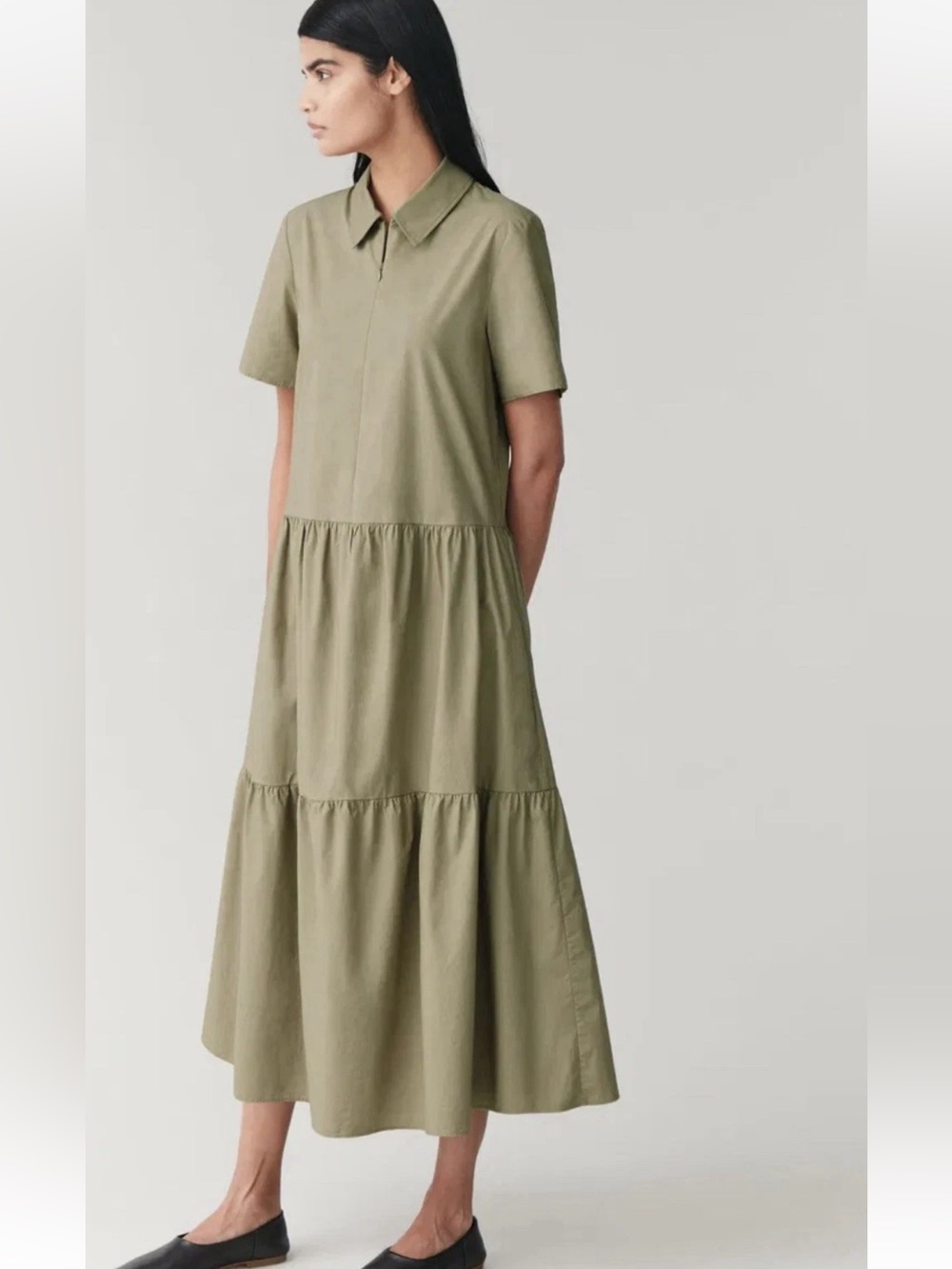 COS Olive Midi Dress with Gathered Panels Size Small